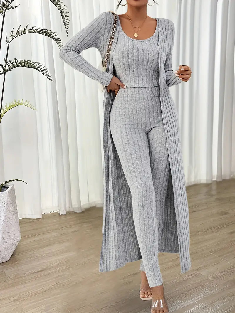 Swietlana - Ribbed Solid Three-piece Set z Topem i Kardiganem