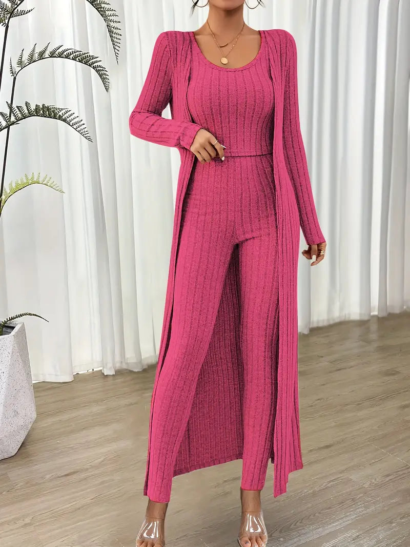 Swietlana - Ribbed Solid Three-piece Set z Topem i Kardiganem