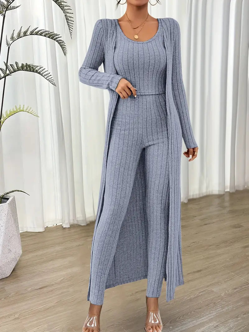 Swietlana - Ribbed Solid Three-piece Set z Topem i Kardiganem