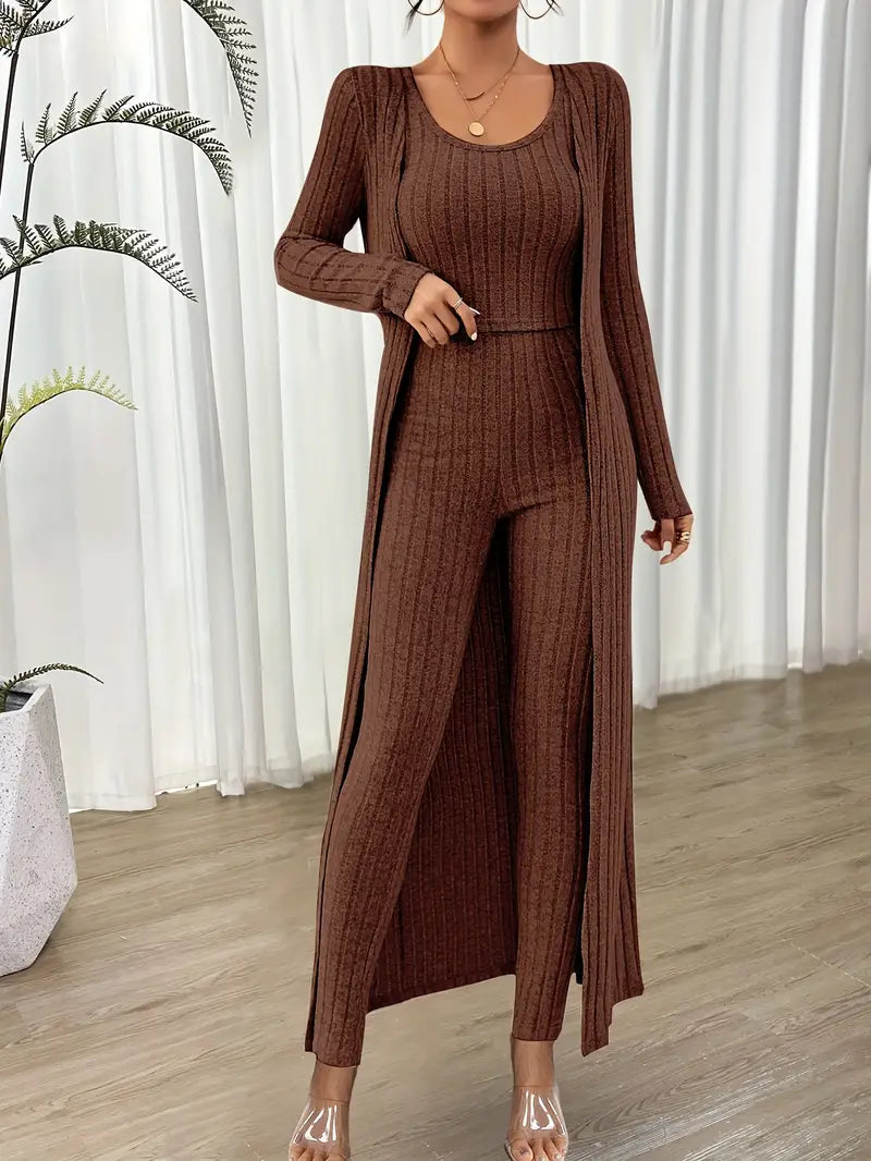 Swietlana - Ribbed Solid Three-piece Set z Topem i Kardiganem