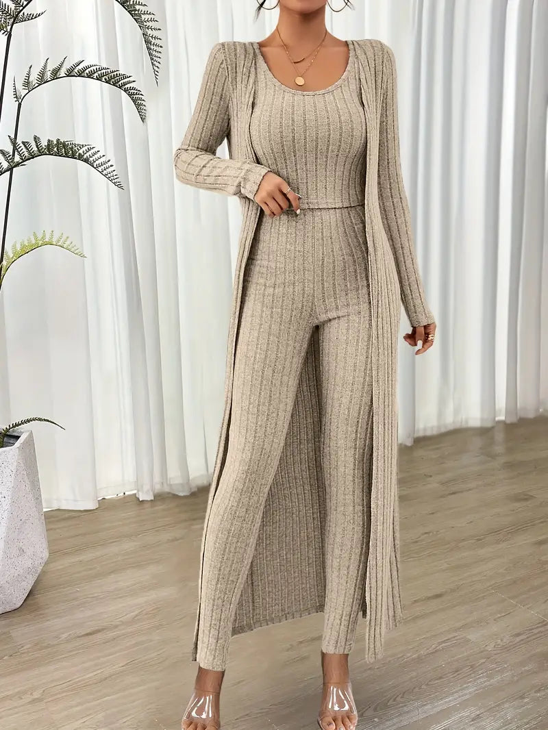 Swietlana - Ribbed Solid Three-piece Set z Topem i Kardiganem